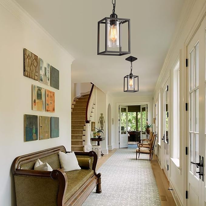 2 Pack Farmhouse Pendant Light,Black Metal Frame Hanging Light Fixture with Clear Glass Shade, Adjustable Chains Industrial Mini Pendant Lighting for Kitchen Island Entryway Porch Foyer
