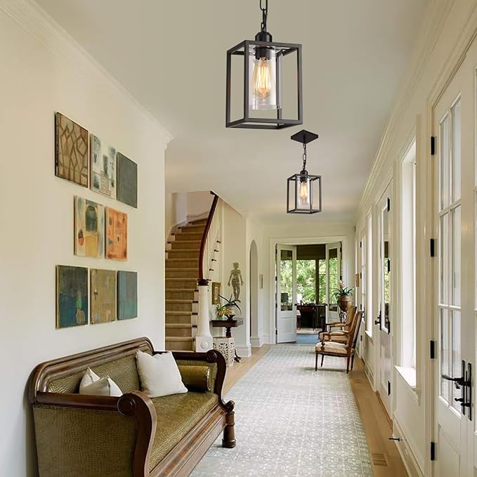 3 Pack Farmhouse Pendant Light,Black Metal Frame Hanging Light Fixture with Clear Glass Shade, Adjustable Chains Industrial Mini Pendant Lighting for Kitchen Island Entryway Porch Foyer