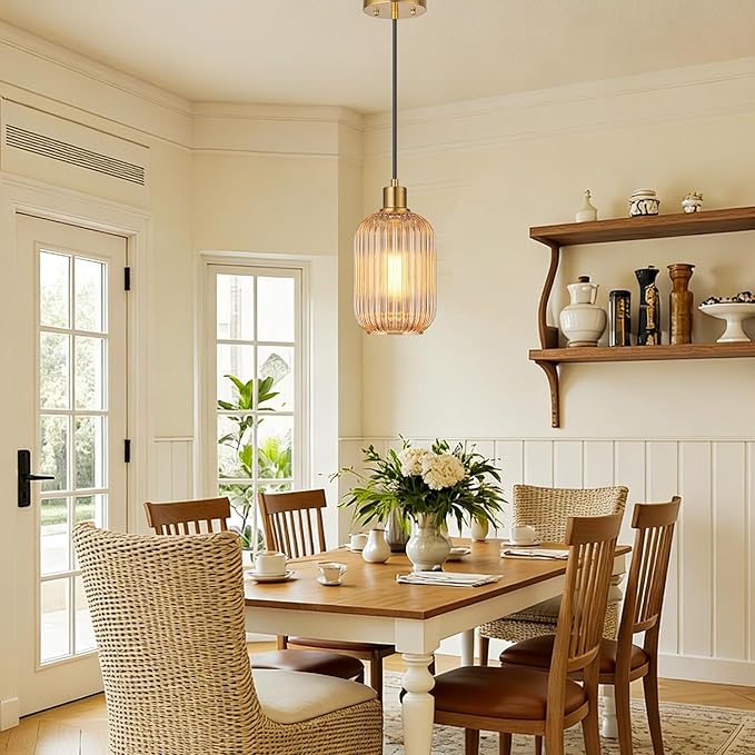 1 Pack Pendant Lights with Vintage Amber Ribbed Glass Lampshade, Adjustable Brushed Gold Pendant Lights Fixtures for Kitchen Island Lighting Sink, Dining & Living Room Hallway (Bulbs Not Included)