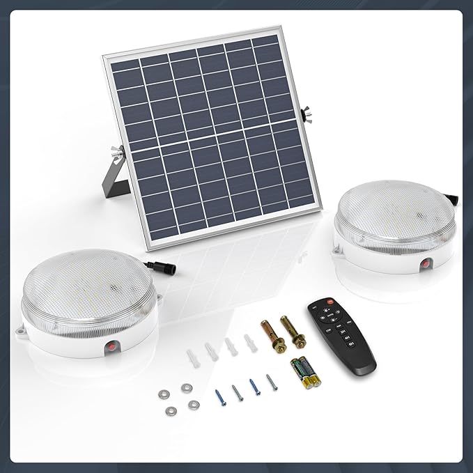 Solar Ceiling Lights Indoor Outdoor 2 Pack, Dimmable Daytime 3000K/4000K/6000K Solar Shed Lights with ON/Off Switch & Remote, Waterproof Barn Lights for Home Porch Chicken Coop