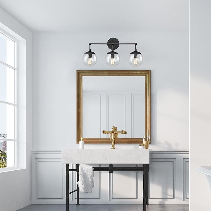 Design House Gracelyn Matte Black 3-Light Bathroom Vanity Light, Clear Seedy Glass Globes, Dimmable, 24 in. W, 588889-BLK