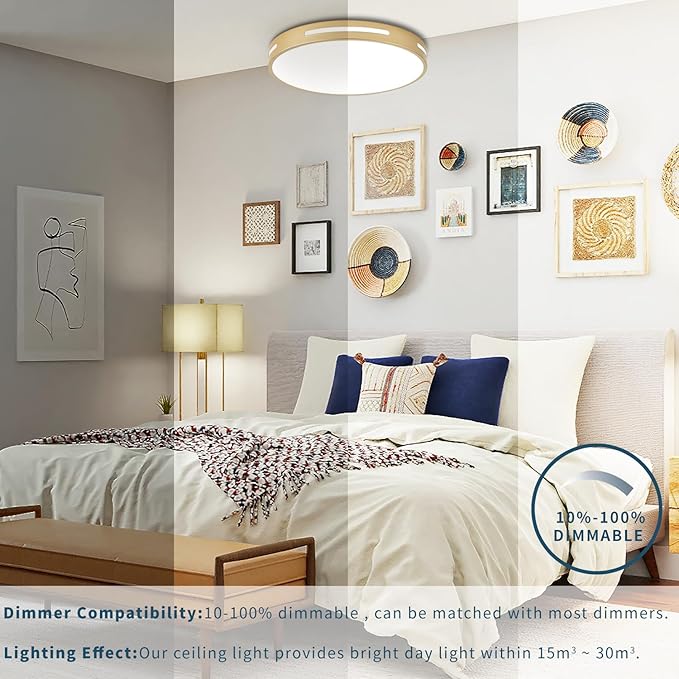 Gold Flush Mount Ceiling Light Fixture LED,24W Kitchen Light Fixture Ceiling Mount Dimmable 2 Pack,12 inch Close to Ceiling Light Fixture 5CCT for Bedroom, Bathroom, Living Room