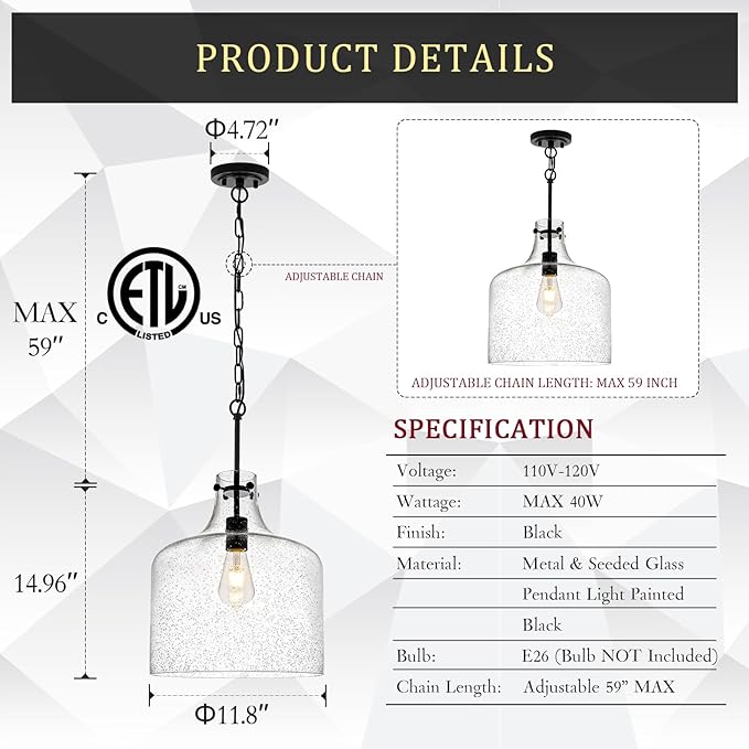CATINER 12" Black Seeded Glass Pendant Light, Modern Farmhouse Hanging Ceiling Light Fixture for Kitchen Island, Dining Room, Hallway, Hand-Blown Bubble Glass Shade, E26 Dimmable Pendant Lighting