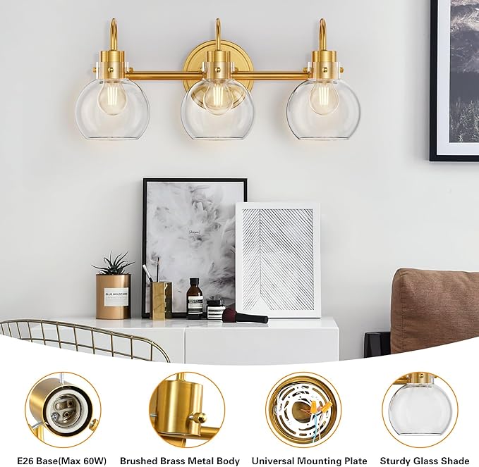 3-Light Vanity Light, Brushed Brass Bathroom Light Fixtures, Farmhouse Wall Sconces with Globe Clear Glass Shade, Porch Wall Mount Lamp for Mirror, Kitchen, Porch, Living Room, Workshop (E26 Base)