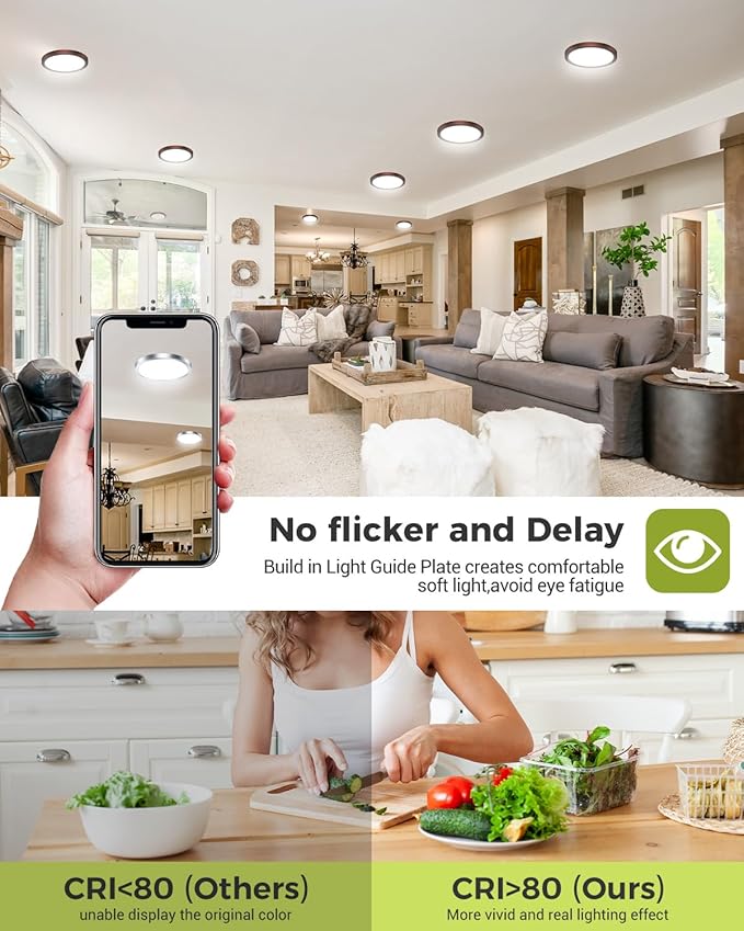 hepside 1PACK LED Flush Mount Ceiling Light, 3CCT Selectable 3000K-4000K-6500K & 100W Equivalent Modern Kitchen Recessed Ceiling Lamp 15W 1500Lm 7.5 Inch for Bathroom Closet Laundry Bedroom