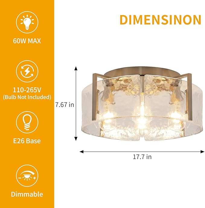 4-Light Brushed Nickel Semi Flush Mount Ceiling Light,Modern Close to Ceiling Lighting Fixture in with Glass Shade for Hallway, Bedroom, Kitchen, Dining Room, Living Room