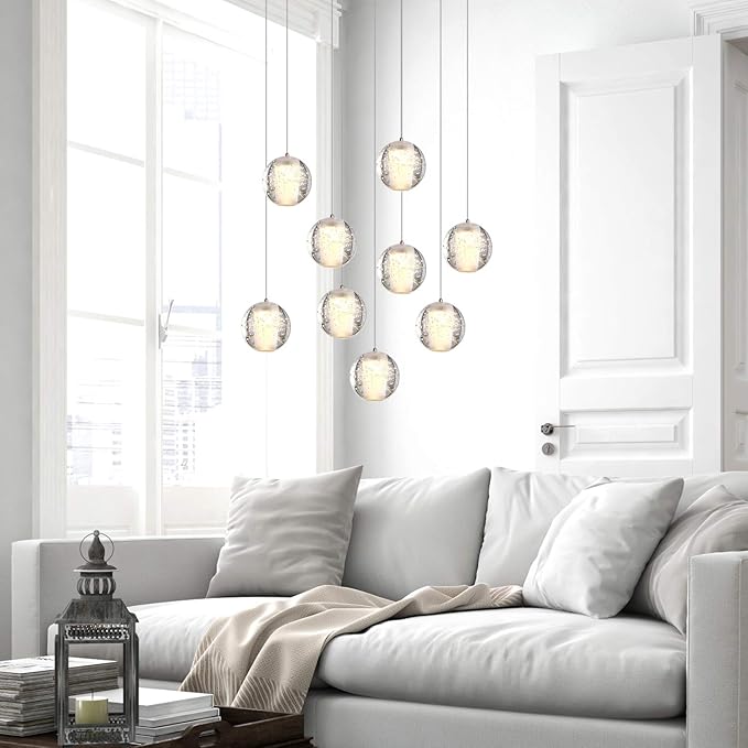 Venus 9 Mini Pendant Glass Ball Lighting Nickel - LED Hanging Light Fixture for Kitchen Island, Bar, Foyer - Cluster Pendants - Dimmable, Adjustable Wire, Lamp Bulb Included