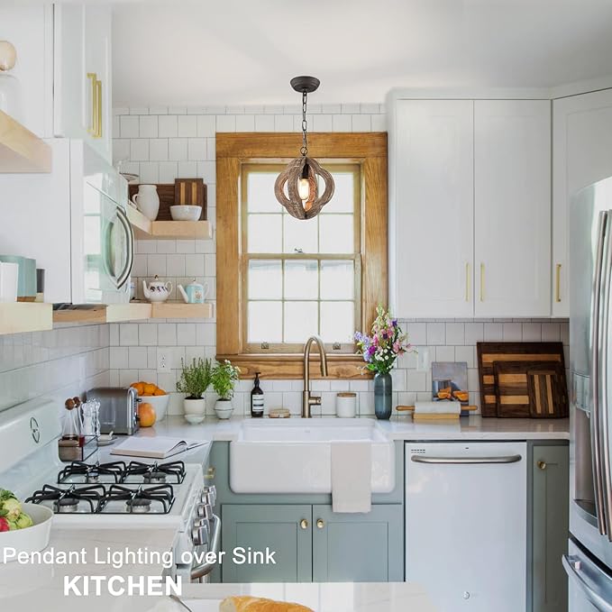 9.84" Modern Farmhouse Wood Pendant Lights Kitchen Island Small Orb Distressed Oak Pendant Light Rustic Ceiling Hanging Light for Kitchen Over Sink Hallway Entryway Foyer Adjustable Chain E26
