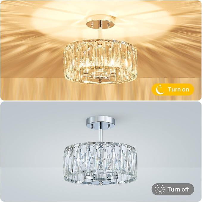 Crystal Ceiling Light, 3-Light Modern Semi-Flushmount Ceiling Light for Living Room, Dinning Room Hallway, D12xH9inch, Chrome Finish Frame & K9 Crystal