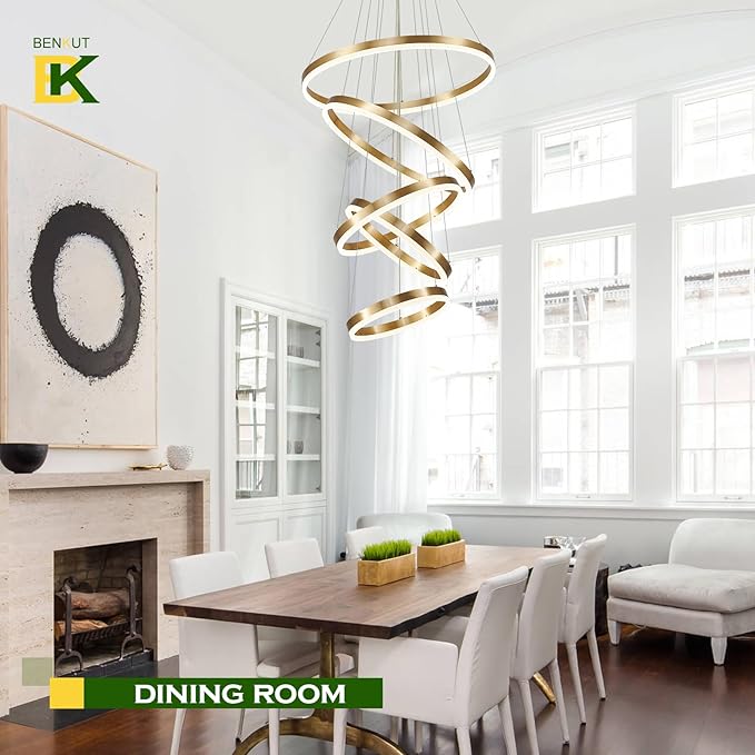 Benkut 5-Rings Modern LED Chandelier Gold High Ceiling Chandelier with Remote Control Dimmable Pendant Lighting for Dining Room Foyer Living Room Entryway Staircase(3000K-6500K, D23.6’’)