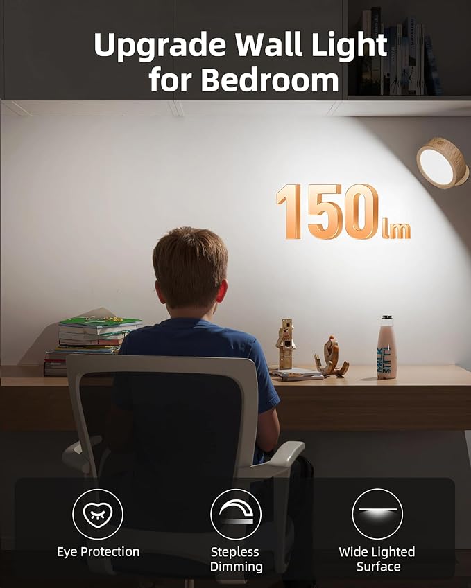 EZVALO LED Wall Mounted Light, 3000mAh Rechargeable Cordless Wall Sconce, Dimmable with Remote & Touch Control, 3 Color Temps, 360° Rotatable for Bedroom, Bedside, Reading(Wood, 2Pack)