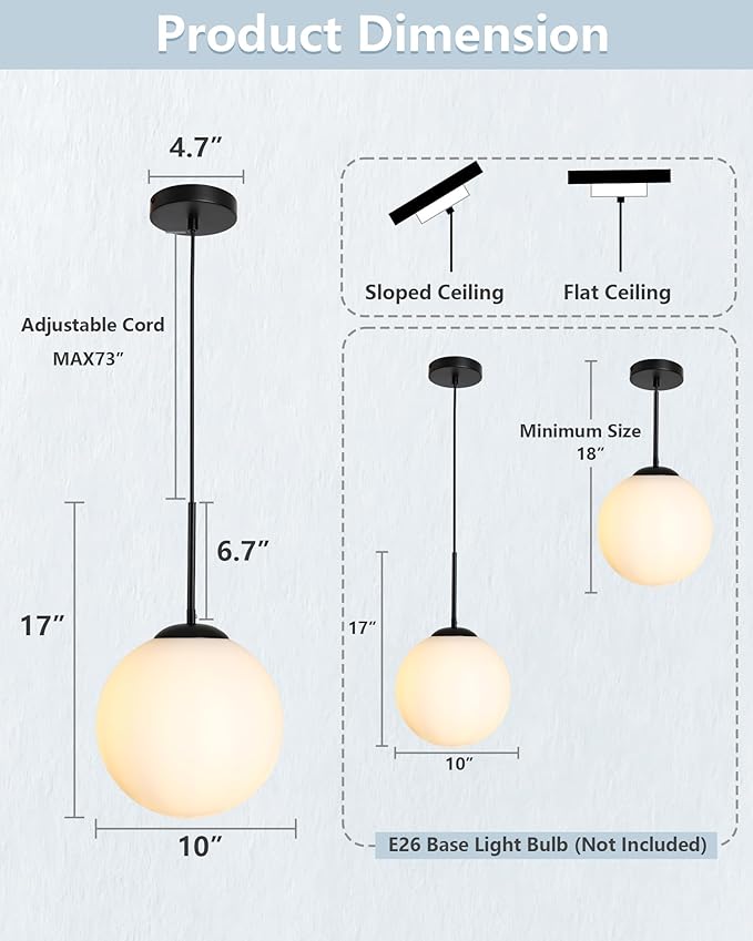 10" Milk Glass Pendant Light Mid Century Modern Globe Hanging Light Fixtures for Dining Room Kitchen Island Bedroom, Black