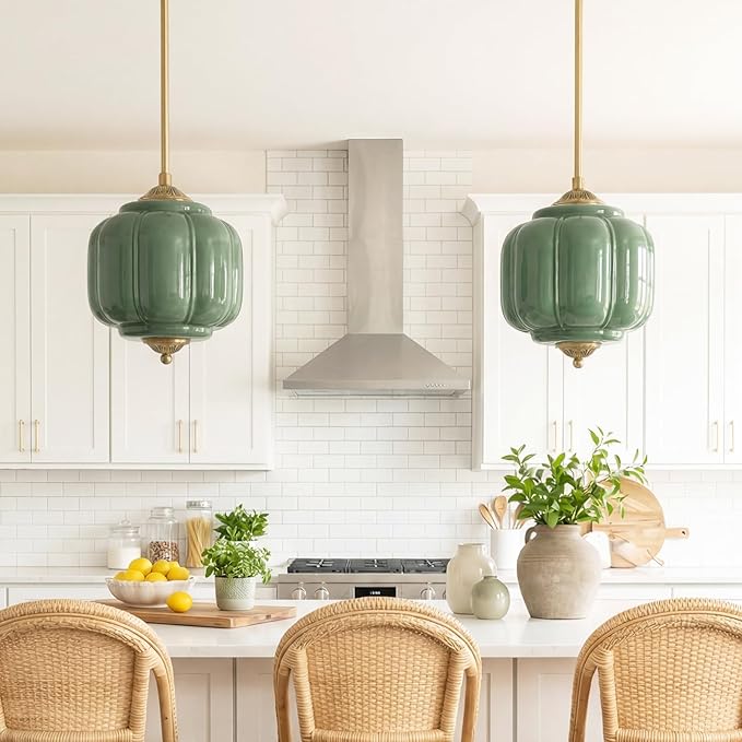 Milk Glass Ceiling Light Fixture - Antique Brass Semi Flush Mount Pendant Light for Kitchen, Hallway, and Bedroom (Green, 9 inch)