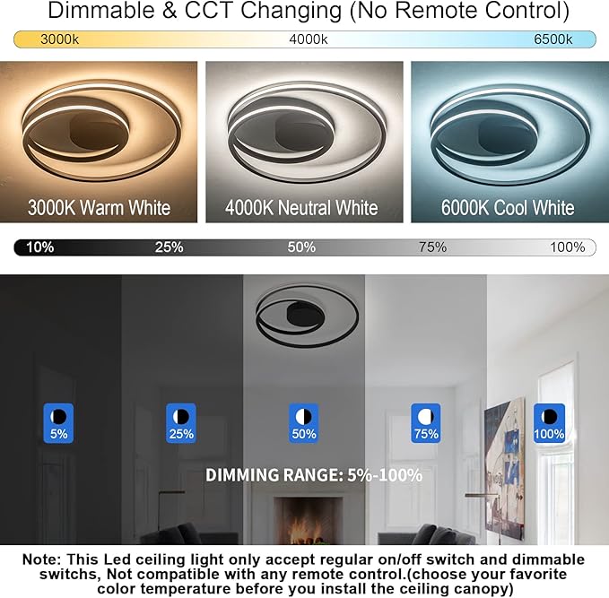 MADEM LED Flush Mount Ceiling Light, Modern Ceiling Light for Bedroom Dimmable Close to Ceiling Light for Bedroom Living Room Dining Room Kitchen, Black 47W 3760lm