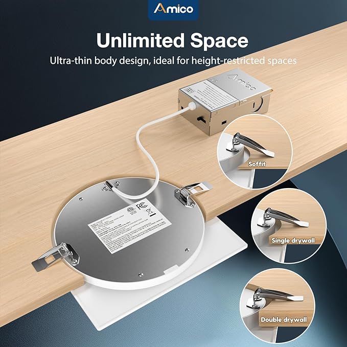 Amico 12 Pack 6 Inch Ultra-Thin LED Square Recessed Light with Junction Box, 5CCT 2700K/3000K/3500K/4000K/5000K Selectable, 1050LM Brightness, Dimmable Canless Wafer Downlight, 12W, ETL&FCC