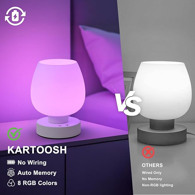 KARTOOSH Cordless Touch Bedside Table Lamp, Rechargeable Battery Operated Desk Lamps with 8 RGB Colors, Dimmable Small Glass Nightstand Light for Living Room Bedroom Kitchen Counter