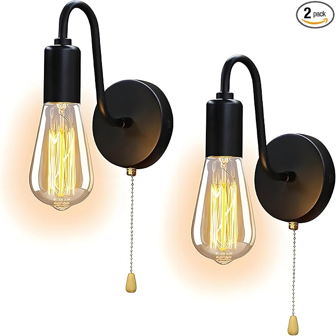 Vintage Pull Chain Wall Light Fixtures Set of 2 Hardwired Wall Sconces with ON Off Switch Retro Black Metal E26 Indoor Wall Lamps Small for Bedrooms Living Room Kitchen