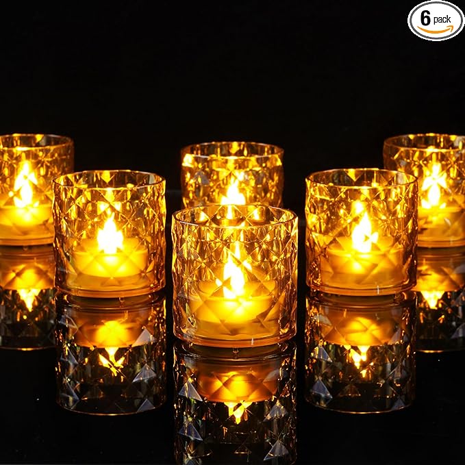 Homemory 2" x 2" Acrylic Votive Candle Holders with Auto Timer Flameless Led Tealight, Battery Powered Fake Electric Candles for Wedding Centerpiece, Table, Christmas Decor (6Pack, Gold Base)
