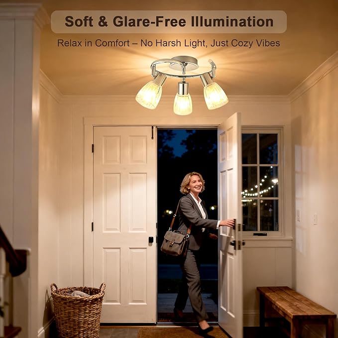 HiBay 3-Light Ceiling Light Fixture, Directional Modern Chrome Track Lighting w/Glass Shades, Flush Mount Ceiling Spotlight Indoor for Kitchen, Bedroom, Living Room, E12 Base, No Bulbs