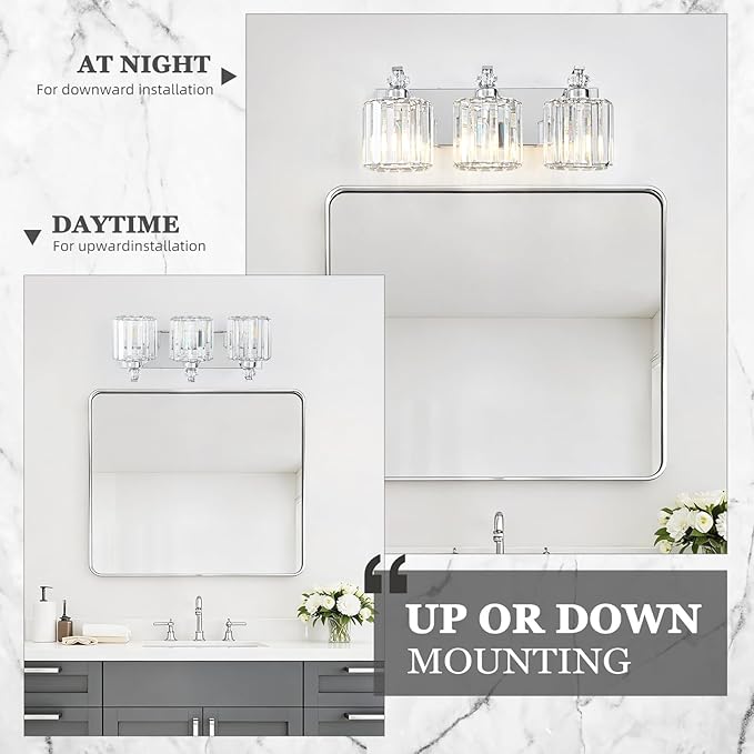 3-Light Modern Bathroom Light Fixture Chrome Vanity Lights Over Mirror Wall Sconce Lighting with K9 Crystal Shades Bathroom Wall Lamp E26 Base for Bedroom, Living Room, Hallway, Cabinet