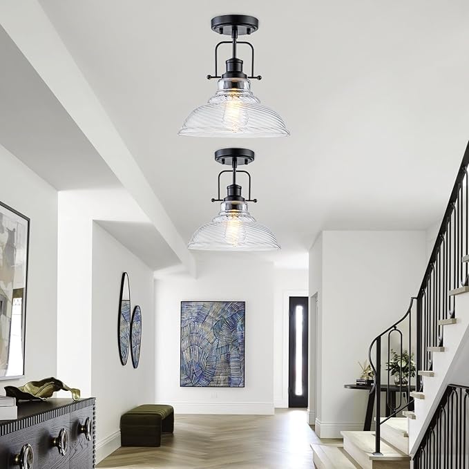 WILON Flush Mount Ceiling Light, Black Farmhouse Ceiling Light with Striped Clear Glass Shade, Light Fixtures for Dining Room Ceiling, Semi Flush Mount Ceiling Lights for Kitchen Entryway