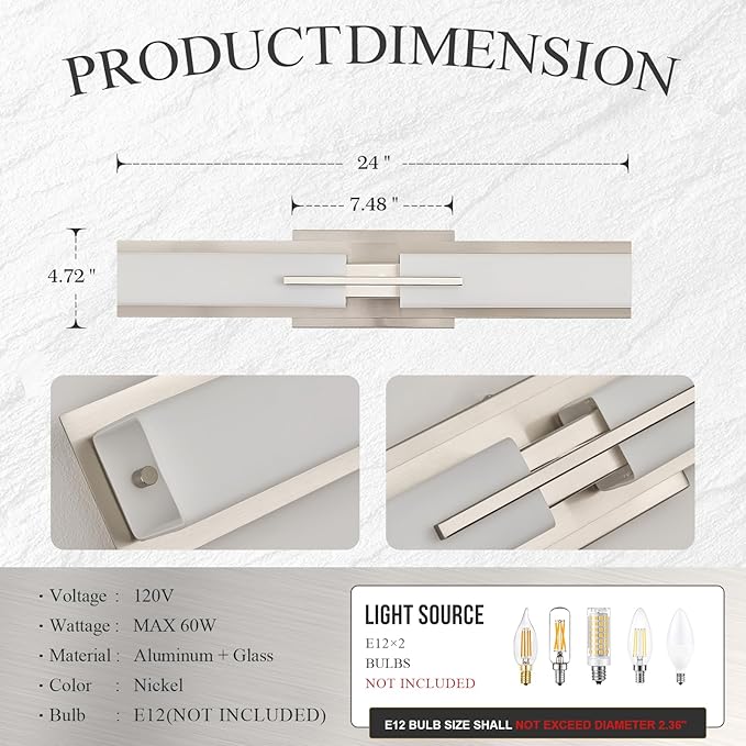 VitaLink 24” Bathroom Vanity Light, Satin Nickel 2-Light Frosted Glass Wall Lights for Bathroom Hardwired Wall Mount Lighting Fixtures for Living Room Bedroom E12