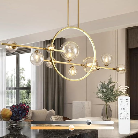 KELUOLY 10-Light Gold Kitchen Island Light, 54" Modern Dimmable Mid-Century Dining Room Chandelier, Linear Sputnik Pendant Lights with Globe Clear Glass Shade for Dining Room Kitchen Island, bar