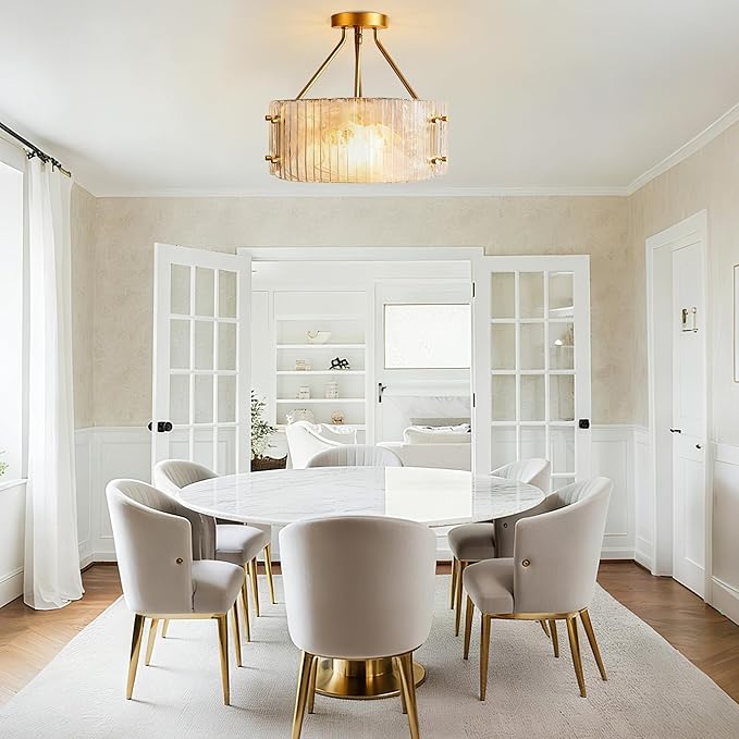 Gold Glass Semi Flush Mount Ceiling Light Fixture 3-Light Drum Ceiling Light Foyer Kitchen Lighting Fixtures D15 Farmhouse Flush Mount Ceiling Lights for Living Room Hallway Bedroom