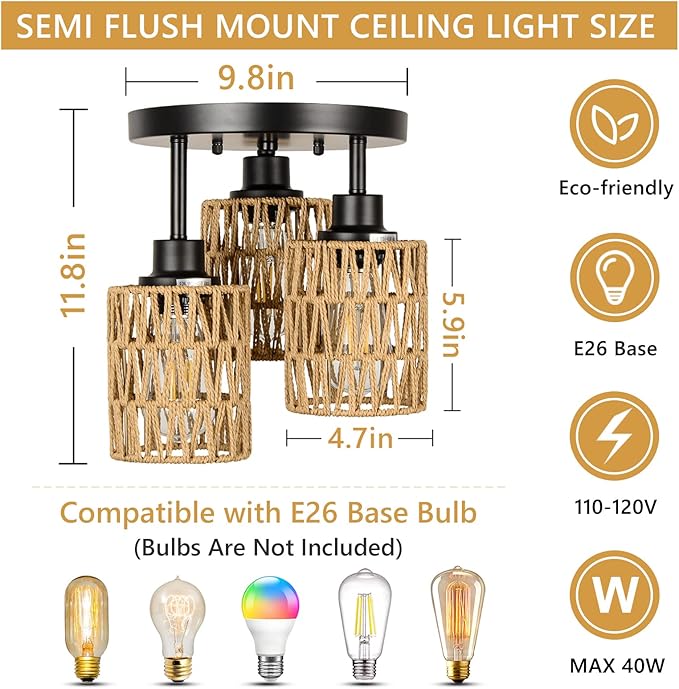 3-Lights Boho Light Fixtures Ceiling Mount, Farmhouse Rattan Chandelier, Hand Woven Cage Shade Semi Flush Mount Ceiling Lights for Bedroom Foyer Entryway Kitchen, Hallway Rattan Light Fixtures Ceiling