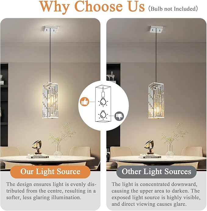 Chrome Pendant Lights Kitchen Island, Adjustable Modern Pendant Light Fixtures 1 Pack, Mini Crystal Chandeliers for Dining Room Bedroom Foyer Hallway