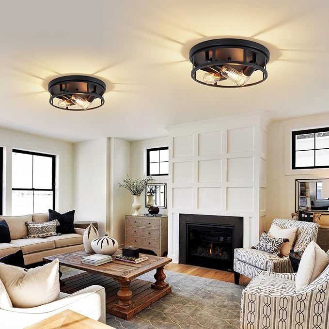 2 Pack Farmhouse Flush Mount Ceiling Lights,3-Light Black Hallway Light fixtures,Rustic Semi Flush Mount Lighting for Kitchen Dining Room Entryway Hall,E26 Base