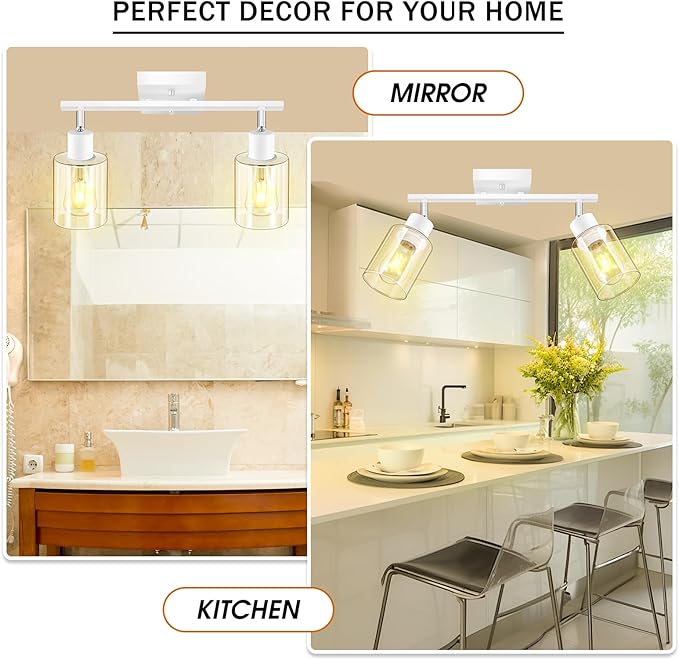 BoostArea White LED 2 Light Track Lighting Kit, 2 Way Ceiling Spot Lighting with Glass Lampshade, Flexibly Rotatable Light Head for Kitchen, Living Room, Bedroom, Bulb Not Included
