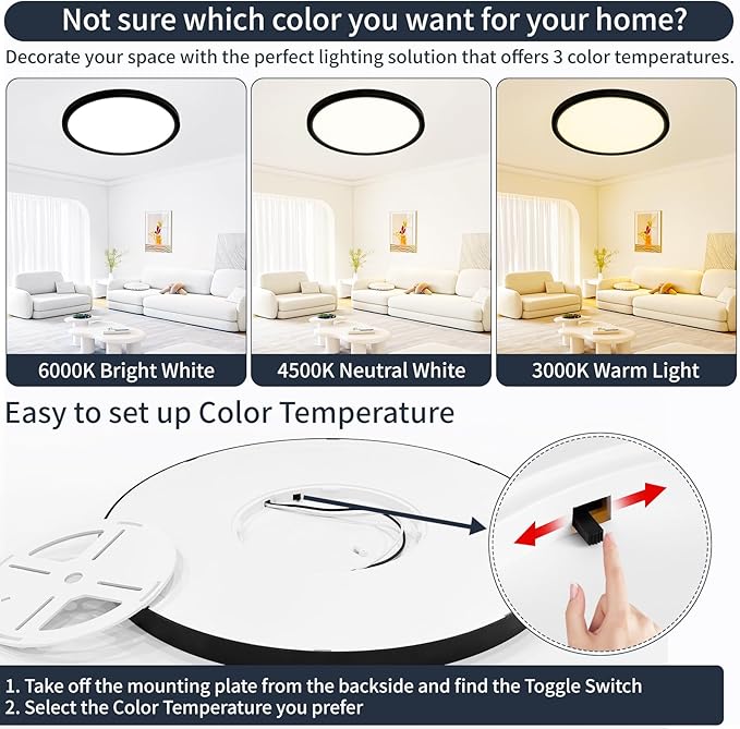 16 Inch Flush Mount Ceiling Light, 28W Dimmable LED Fixture 2800LM, 3000K/4500K/6000K Adjustable, Round Ceiling Lamp for Bedroom, Kitchen, Living Room, Dining Room, Bathroom, Black