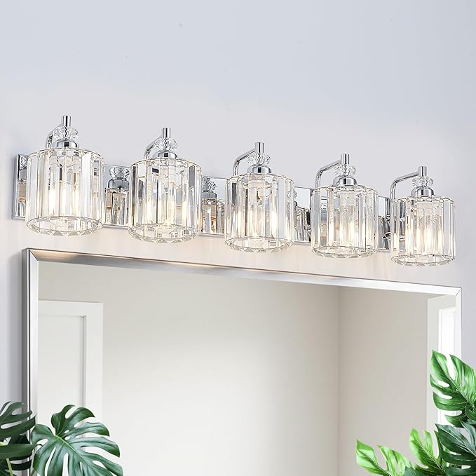 5-Light Modern Bathroom Light Fixture Chrome Bathroom Vanity Lights Over Mirror Wall Sconce Lighting with K9 Crystal Shades E26 Base for Bedroom, Living Room, Hallway Wall Lamp