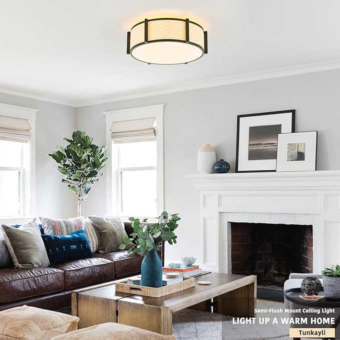 18" Semi Flush Mount Ceiling Light Modern 3-Lights Black Drum Ceiling Light Fixture with Fabric Linen Shade, Vintage Modern Ceiling Lighting for Laundry Room, Kitchen, Basement, Bedroom