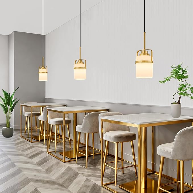 Modern Brass Pendant Lights Kitchen Island Light, Adjustable Hanging Light Fixture with Milk Glass Shade, Farmhouse Pendant Light for Dining Room Bar Over Sink/Table/Counter, 1 Pack
