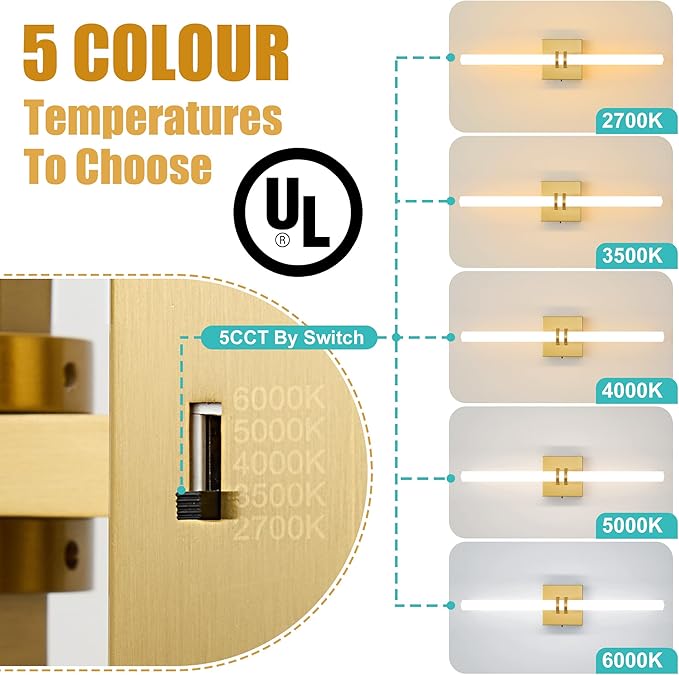 Bathroom Light Fixtures,Gold 18W LED 360° Full Lighting Modern Wall Sconce Vanity Ligh with 5-Color Dimmable 3000K-6000K, 22.05inch Vanity Lighting for Bath, Powder Room, Bedroom, Hallway