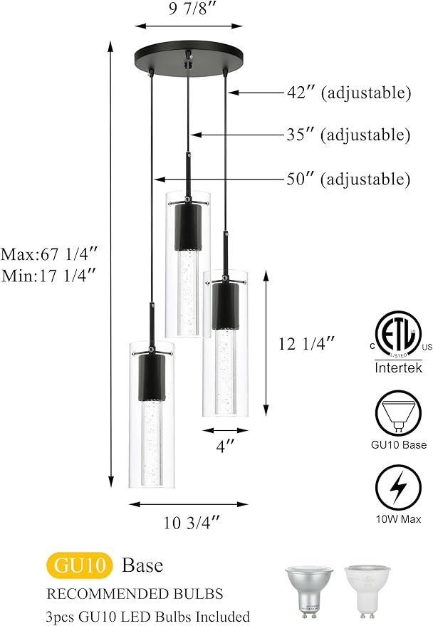 XiNBEi Lighting Pendant Light, Modern 3 Light Cluster Kitchen Island Pendant Lighting with LED Bulb & Bubble Crystal, Matte Black Finish XB-P1110-3-MB