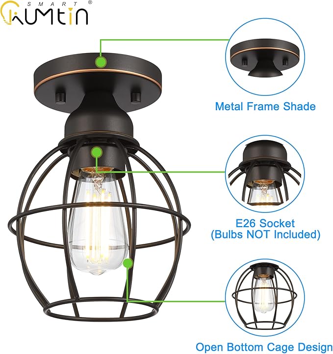 Farmhouse Ceiling Light Fixture, Vintage Semi Flush Mount Ceiling Light, Small Metal Cage Lighting Lamp for Hallway Entryway Kitchen Porch, Oil Rubbed Bronze Finish, 1-Pack