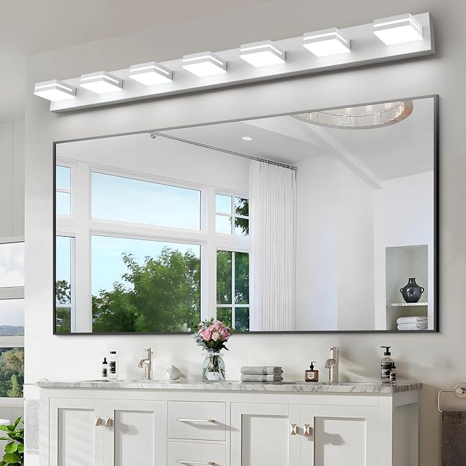SineRise LED Modern Bathroom Vanity Light Fixtures (7-Light, 55-Inch), Matte White Modern Acrylic Bathroom Wall Lighting Fixtures Over Mirror (Cool White 6000K)