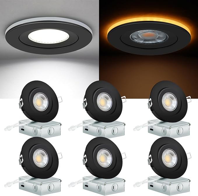 KnLnny Ware Black Gimbal recessed Lights 4 Inch with Night Light 6 Pack, Gimbal canless recessed Lights with Junction Box,9W 750LM,Dimmable,5CCT Selectable,Air Tight