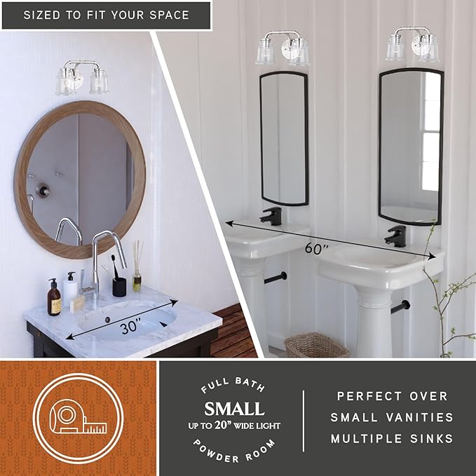 VAXCEL Toledo 2-Light 14.75 inch Wide Satin Nickel Industrial Bathroom Vanity Lighting Fixture, Clear Glass Shade, Dimmable, LED Compatible, Over The Mirror Mounted Steel Wall Sconce