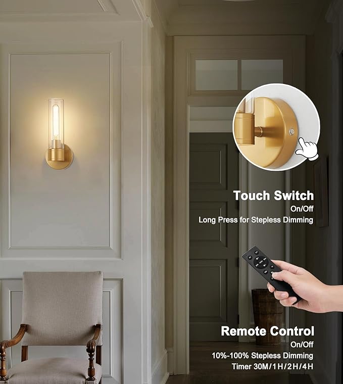Brushed Gold Wireless Wall Sconce Set of 2, 12000 mAh Battery Operated Wall Lights with Remote Control, Rechargeable Dimmable Wall Lamps for Bedroom Bathroom Living Room Hallway Stairwell, 3000K