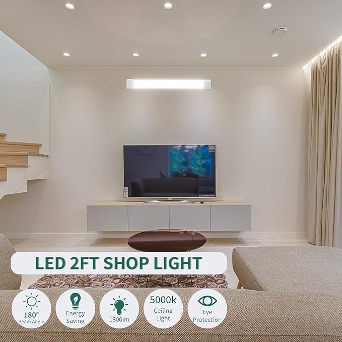 KUKUMAO 5000K Plug in LED Tube Light Fixture, 18W Linkable Cabinet Light for Garage, Kitchen, Bathroom, Closet, Office - 2Ft, Triproof, White