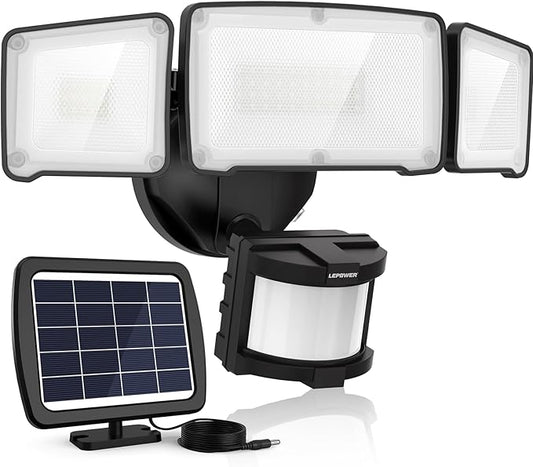 LEPOWER 1600LM LED Solar Security Lights Motion Outdoor, 5500K White Light, IP65 Waterproof Outside Flood Solar Light for Yard, Garage（Black）