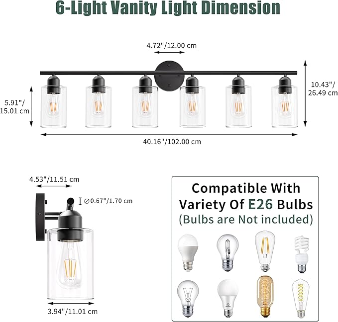 Espird 6 Lights Bathroom Vanity Light Fixtures Matte Black,Rustic Farmhouse Vanity Lighting Over Mirror Modern Industrial Lamp with Cylinder Glass Shade UL Certified