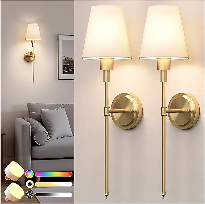 DORESshop Battery Operated Wall Sconce Set of 2, Wireless Wall Light Easy to Install, 15 Color Rechargeable Wall Sconces, Sconce Wall Decor Set of 2 for Bedroom, Living Room, Gold, 24.6in