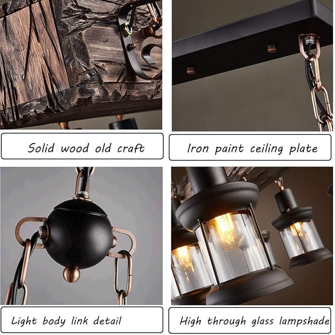 Wood Retro Vintage Pendant Lamp Industrial Metal Hanging Lamp Height Adjustable E27 6-Lights Retro Pendant Lamp Hanging Lamp Black for Kitchen Coffee Shop Dining Living Room Loft Rustic Ceiling