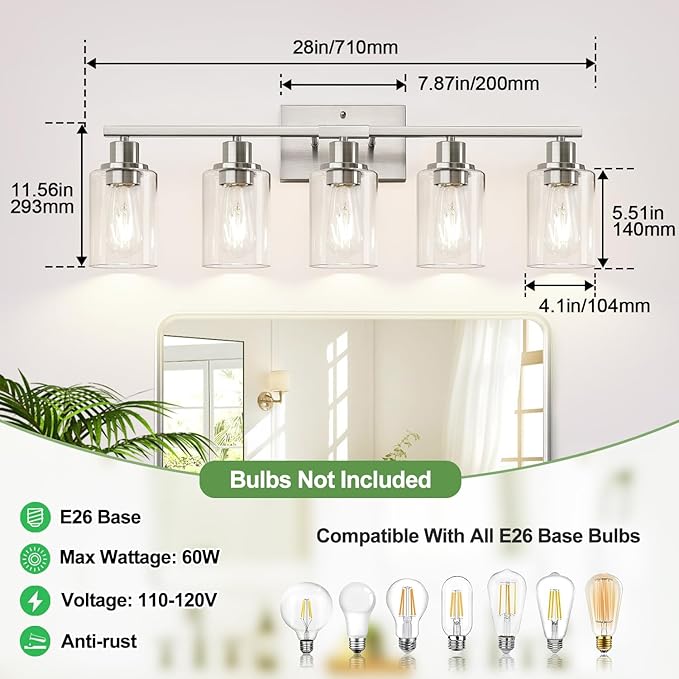 Indoi 5-Light Bathroom Light Fixtures, Brushed Nickel Bathroom Vanity Light with Clear Glass Shades, Modern Bathroom Wall Lamp for Mirror Living Room Cabinet Bedroom Porch