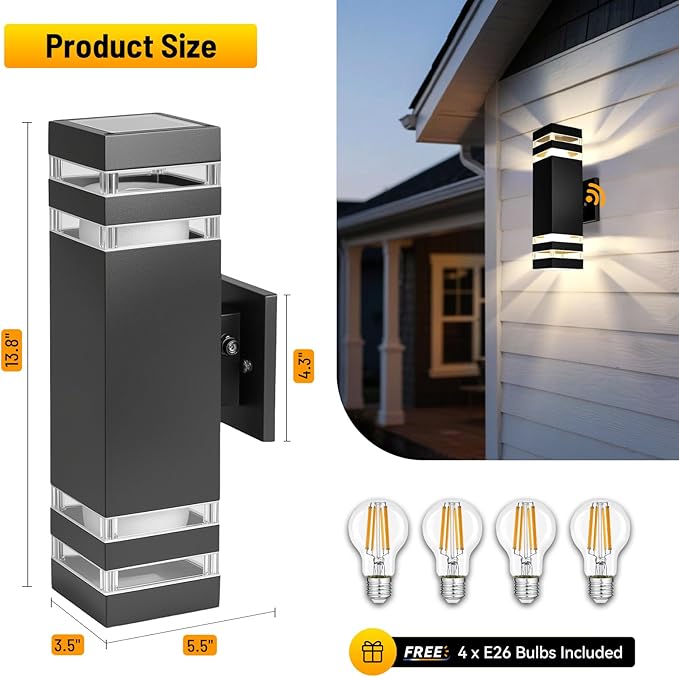 Modern Outdoor Wall Sconce 2-Pack, Up Down Outdoor Lights with Dusk to Dawn Sensor, Waterproof Exterior Light Fixture Wall Mount for House, Porch, Patio, Garage (E26 Bulbs Included)